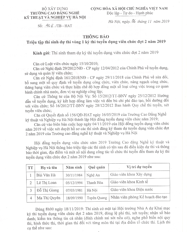 Thông báo triệu tập thí sinh dự thi vòng 1 kỳ thi tuyển dụng viên chức đợt 2 năm 2019